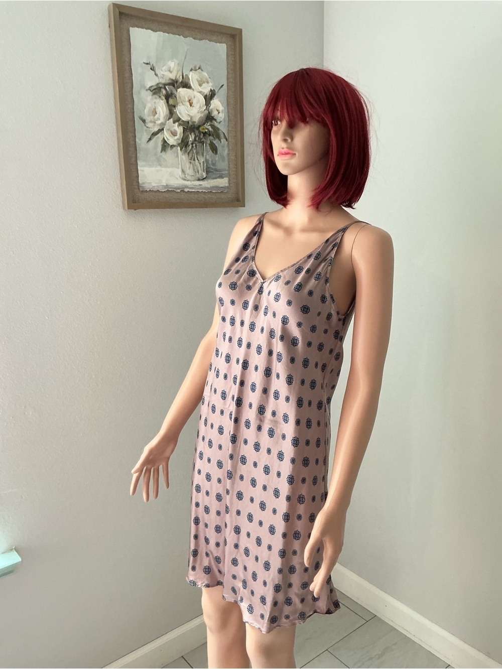 Vintage Valerie Stevens Blush Pink Slip Dress with Navy Dot Print